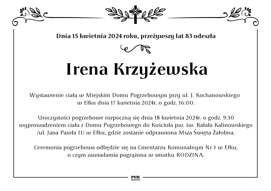 Irena Krzyżewska - nekrolog